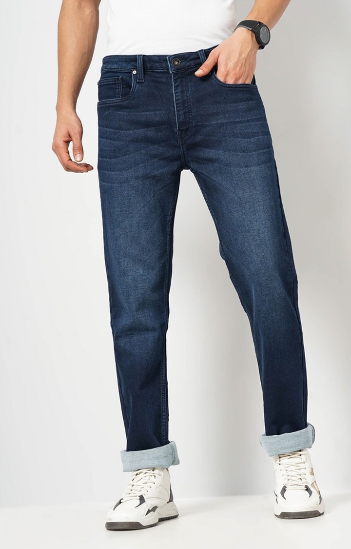 celio | Celio Men Blue Solid Straight Fit Cotton Knit Denim Jeans