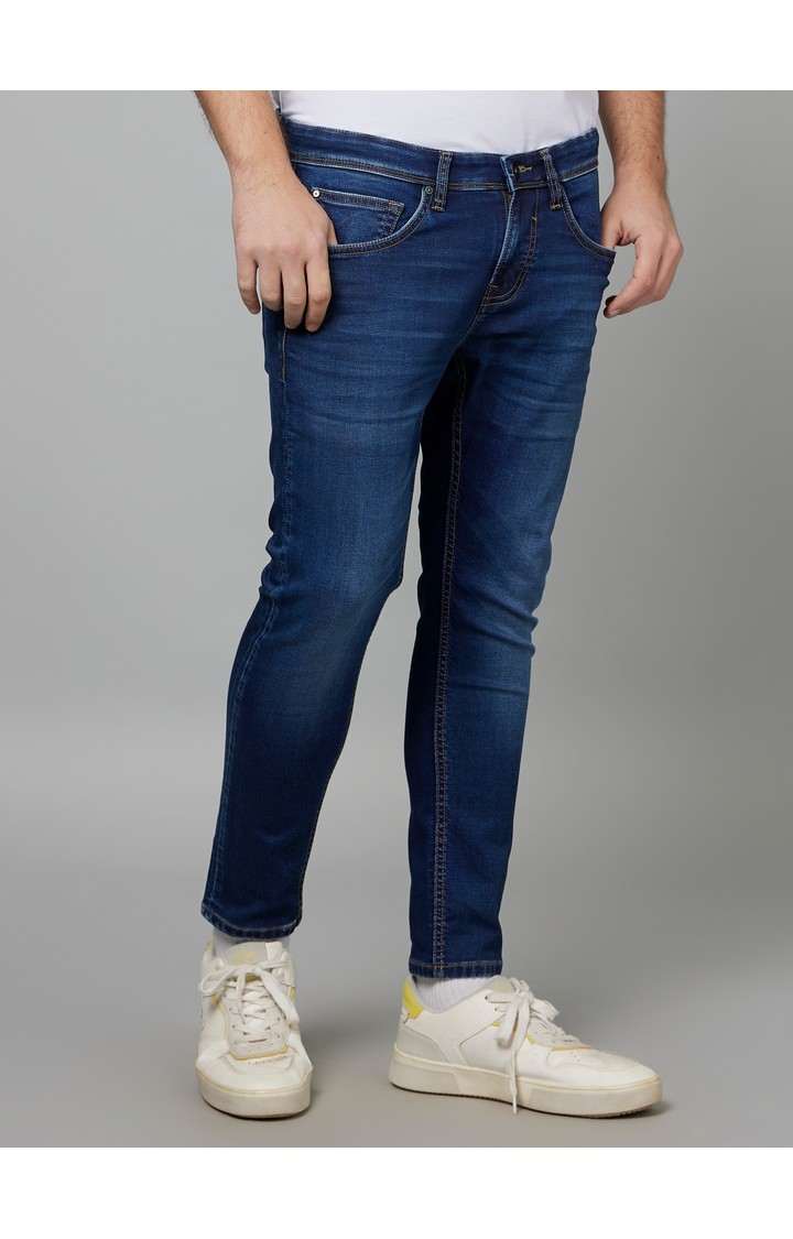 Men's Blue Cotton Blend Solid Slim Jeans