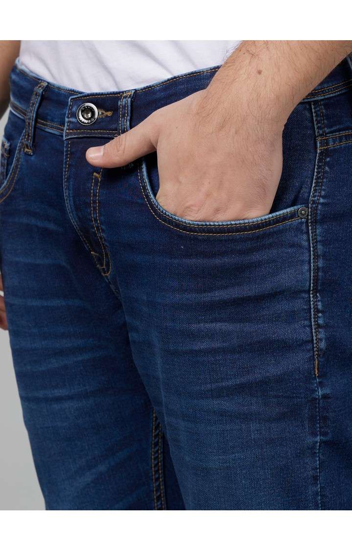 Men's Blue Cotton Blend Solid Slim Jeans