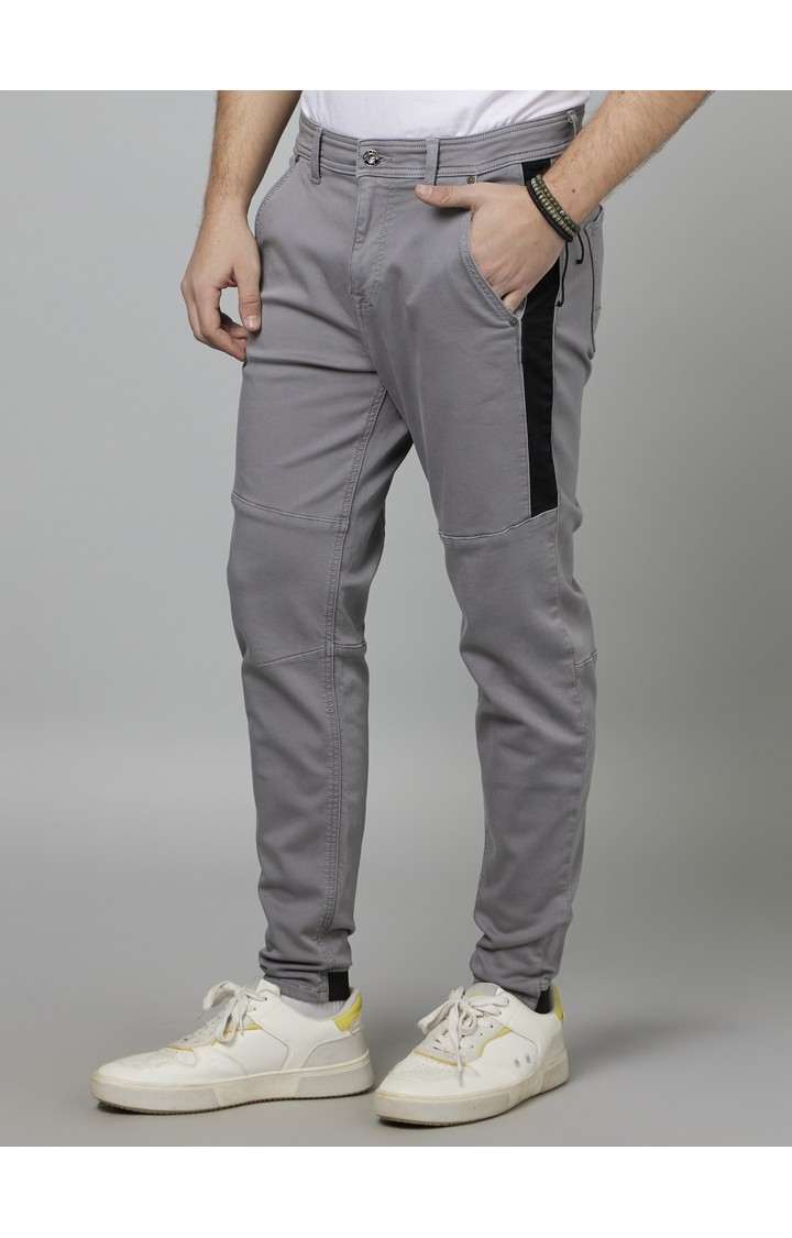 Men's Grey Cotton Blend Solid Trousers