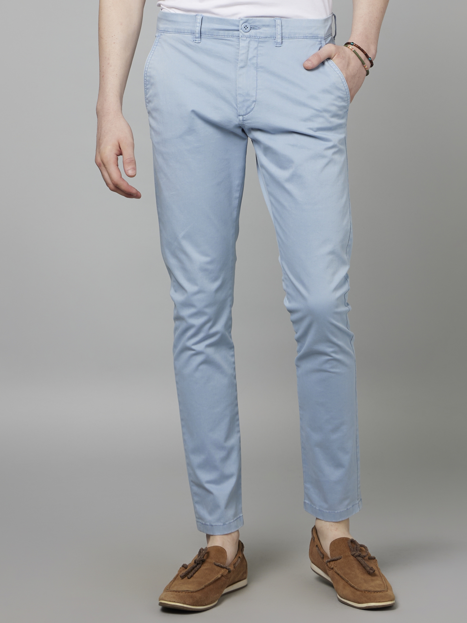 Men's Blue Cotton Blend Solid Trousers