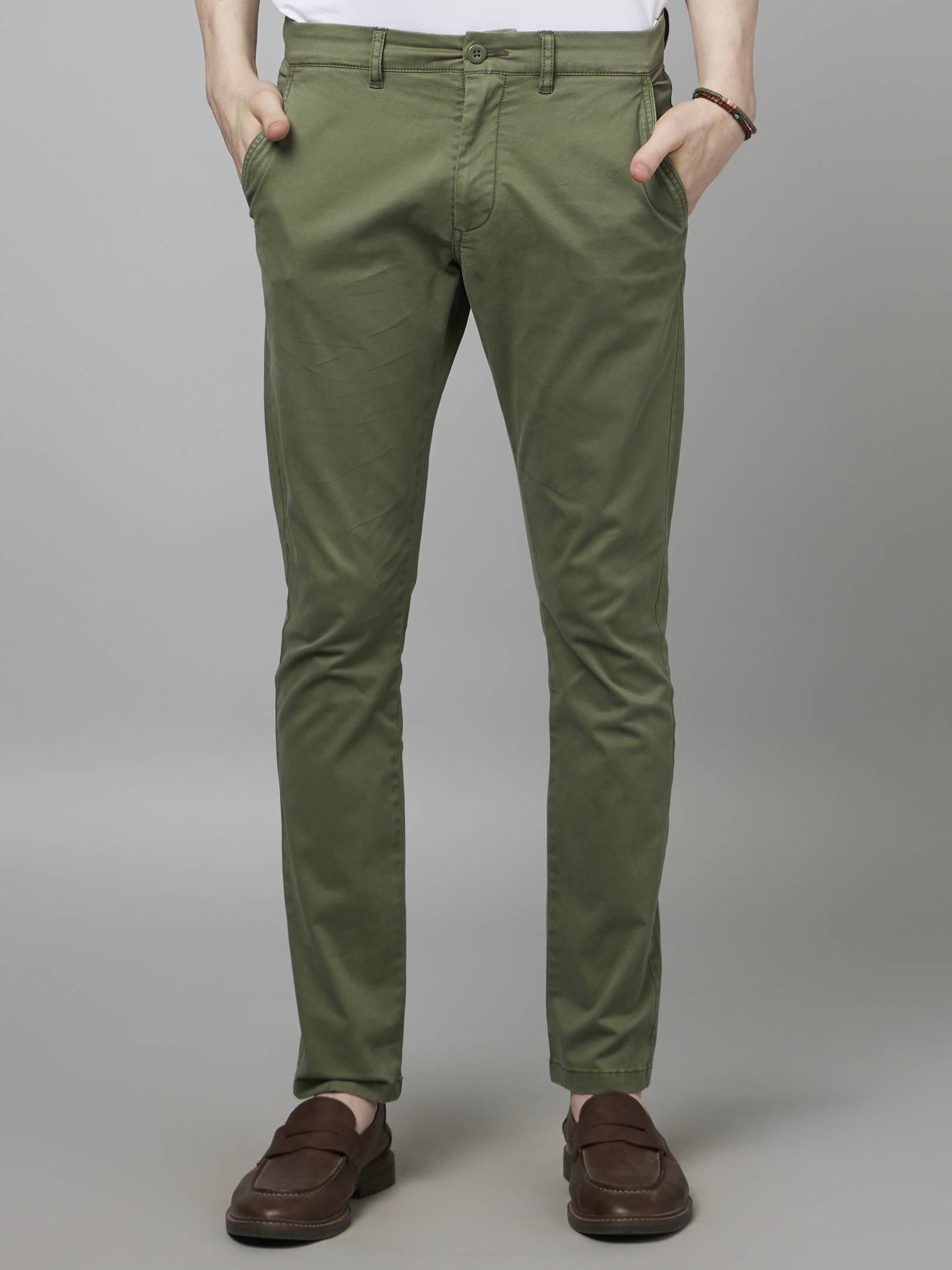 celio | Men's Green Cotton Blend Solid Trousers