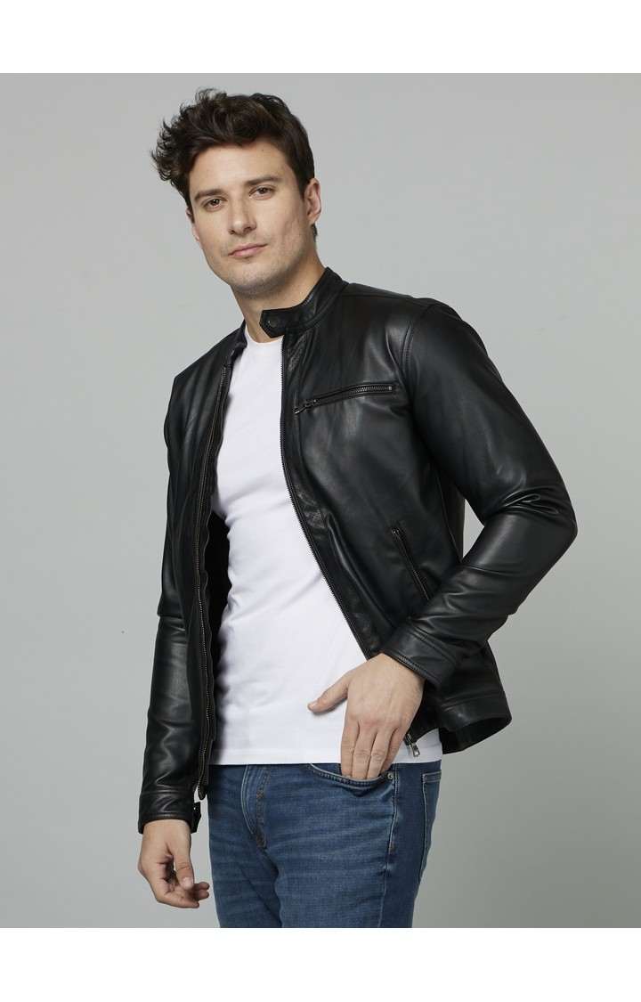 Men's Black Solid Leather Jackets