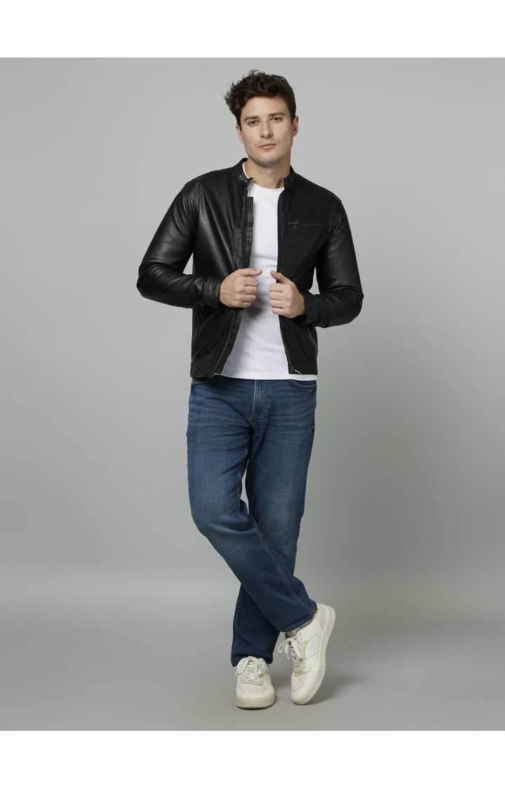 Men's Black Solid Leather Jackets