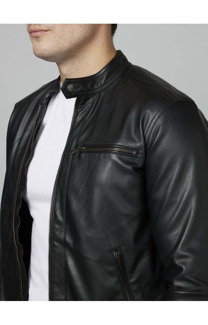 Men's Black Solid Leather Jackets