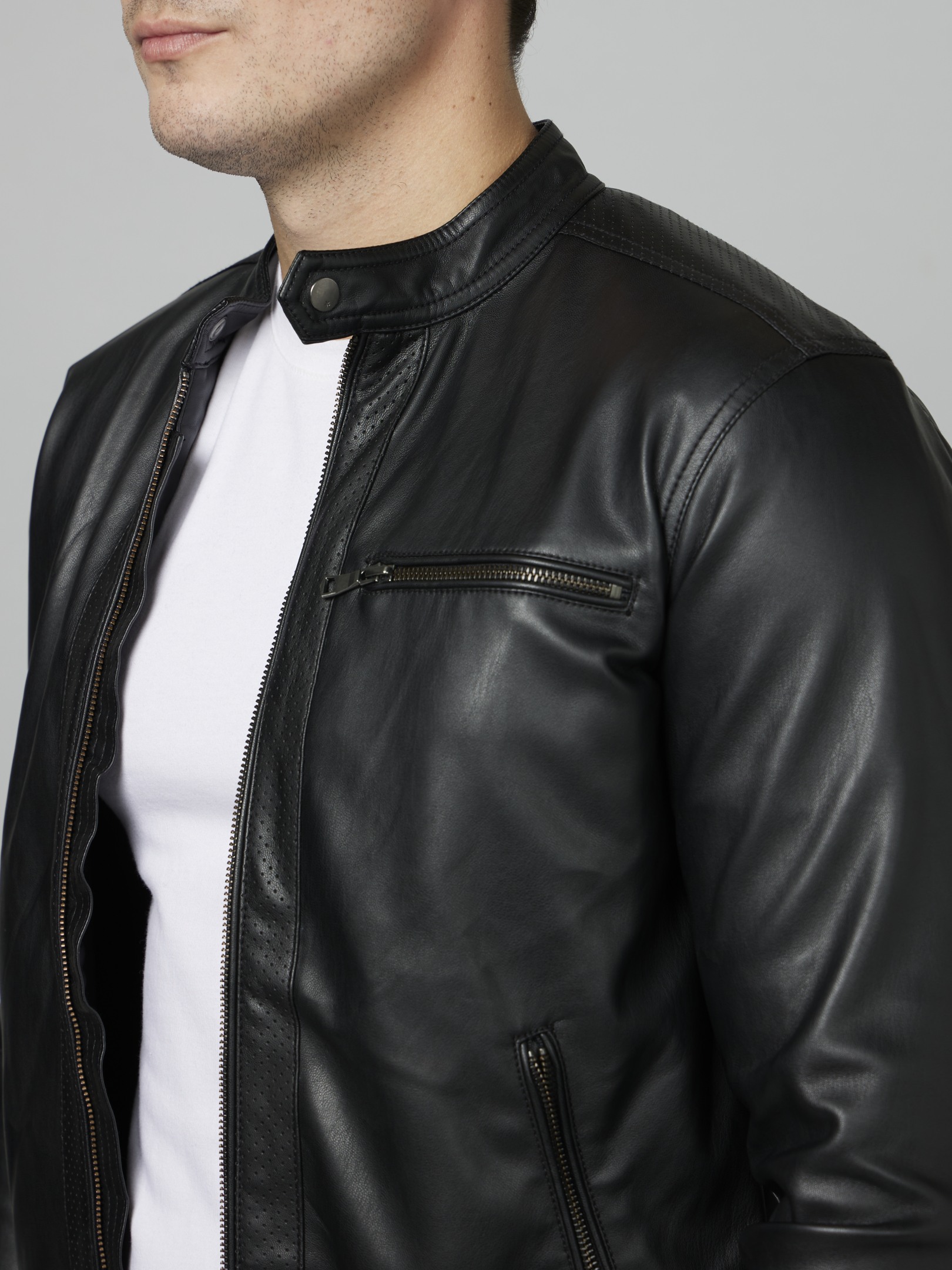 Men's Black Solid Leather Jackets