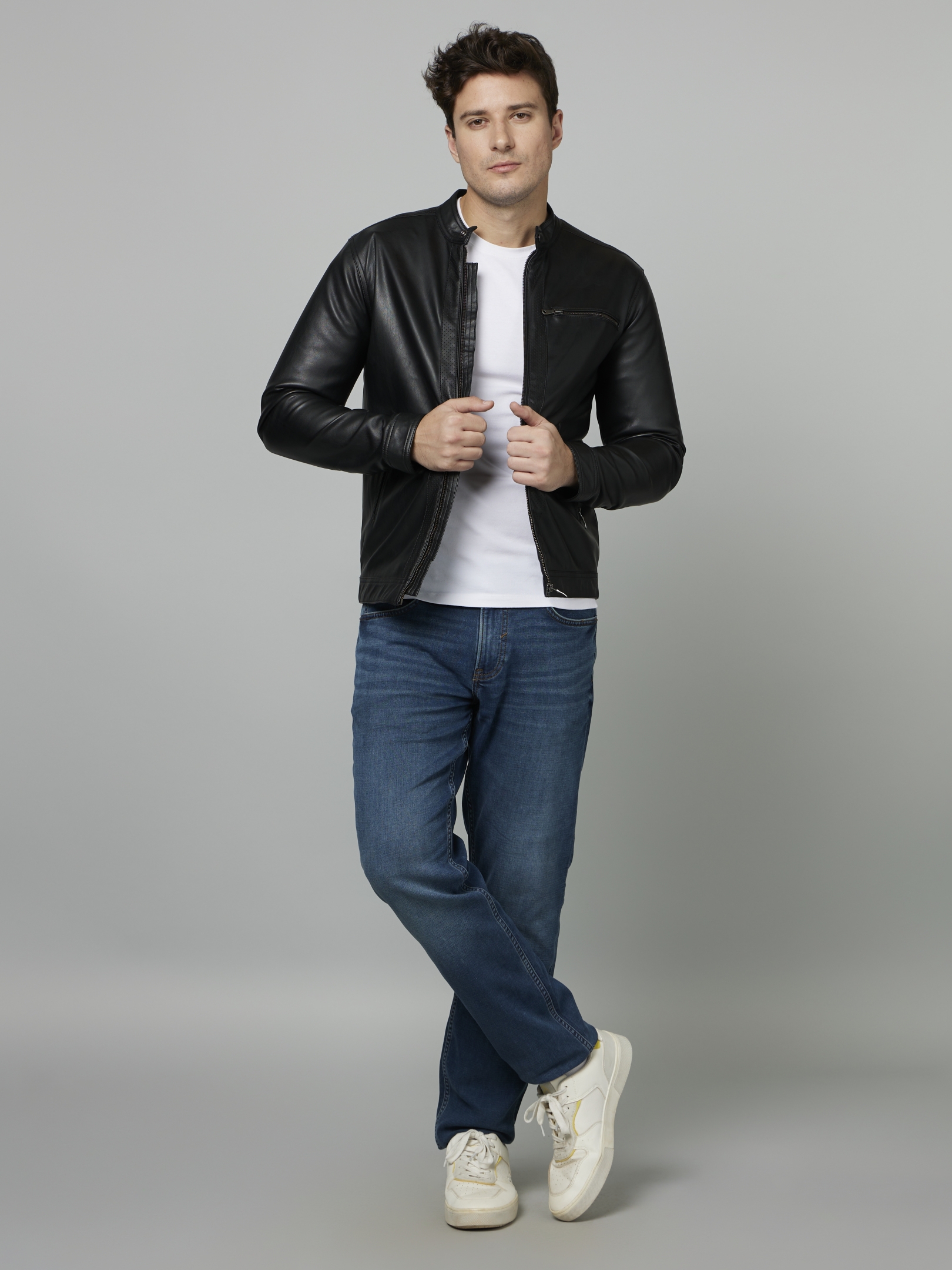 Men's Black Solid Leather Jackets