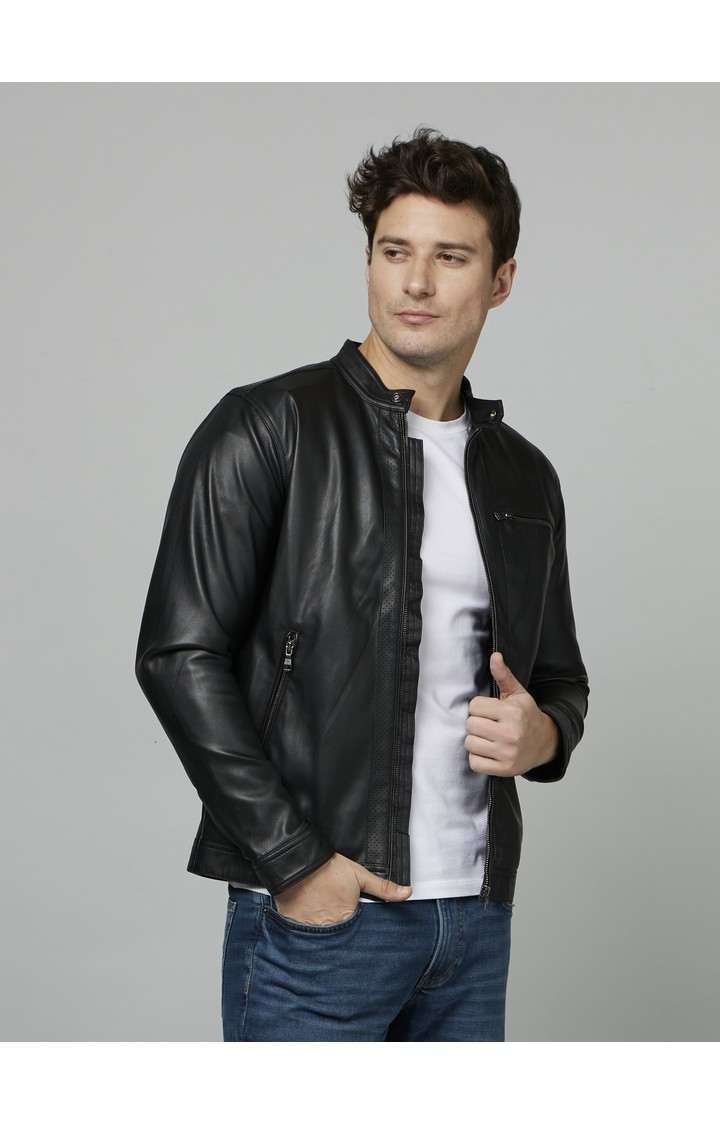 Men's Black Solid Leather Jackets