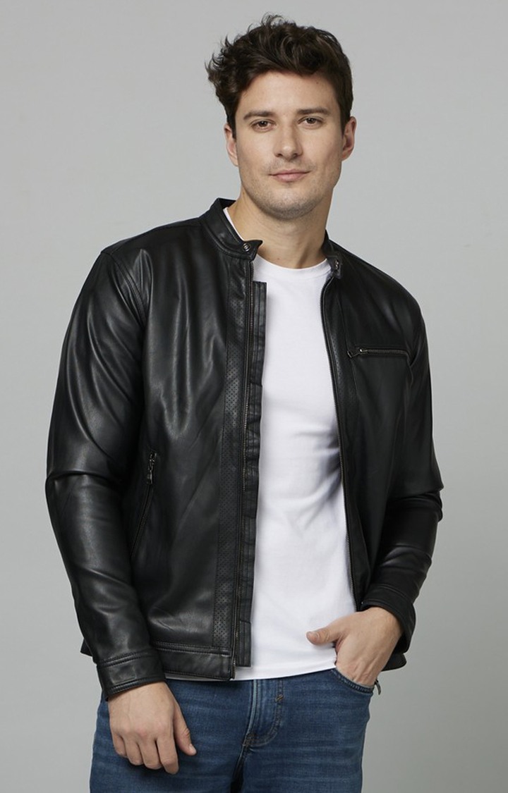 Men's Black Solid Leather Jackets