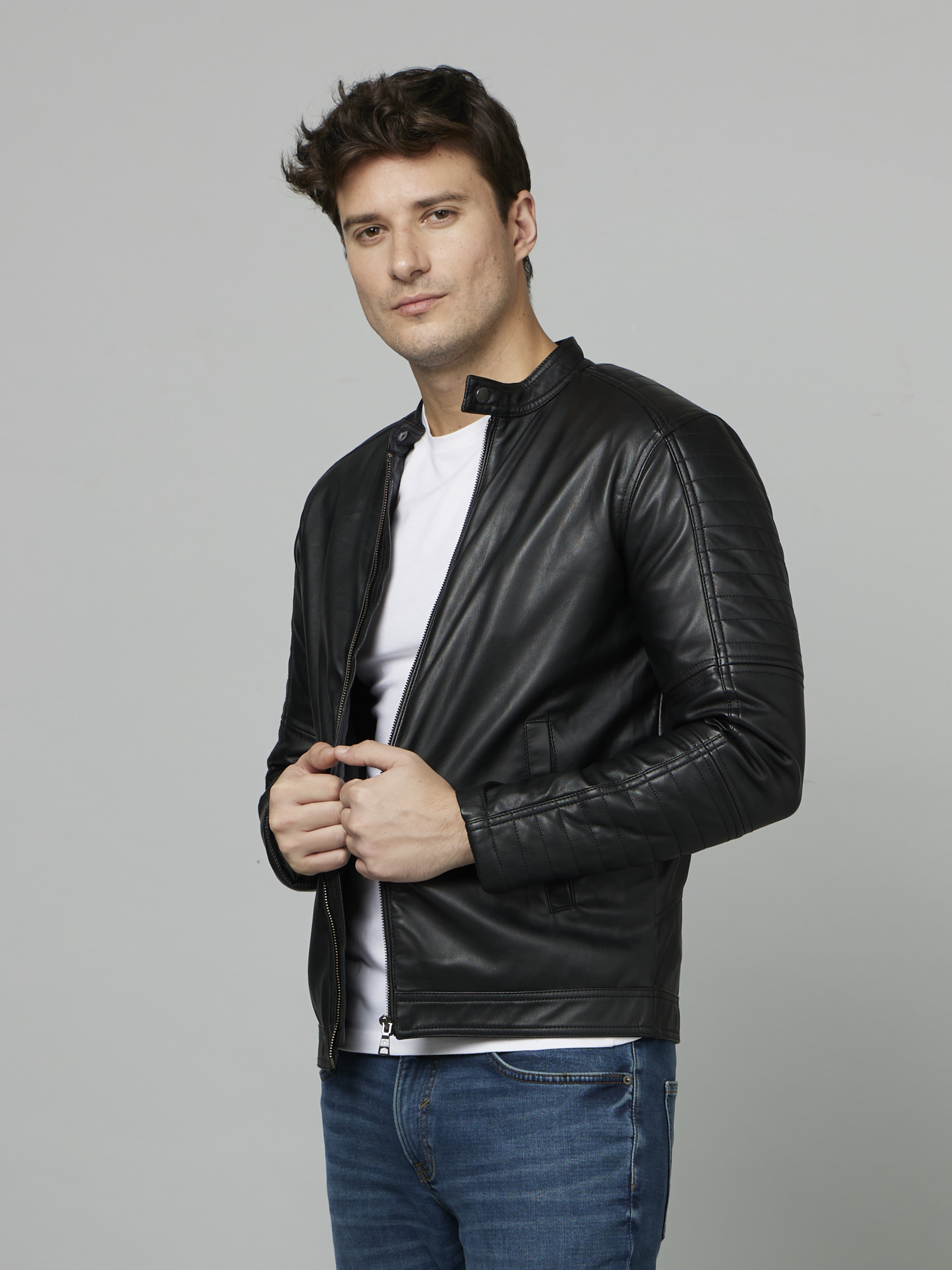 Men's Black Solid Leather Jackets