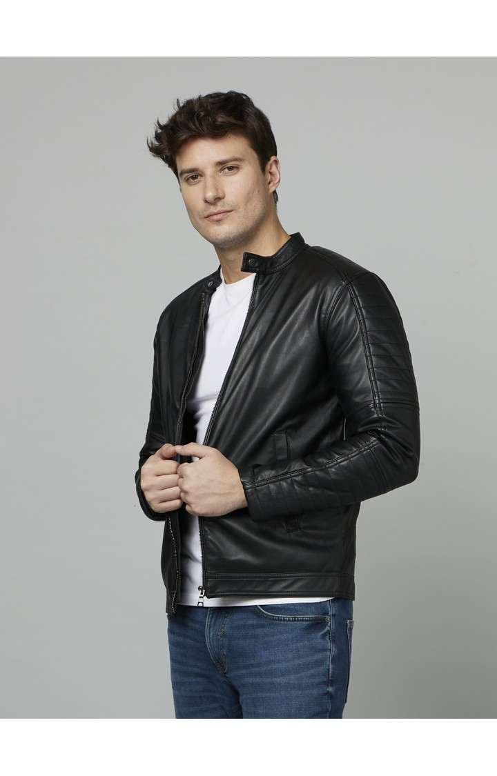Men's Black Solid Leather Jackets