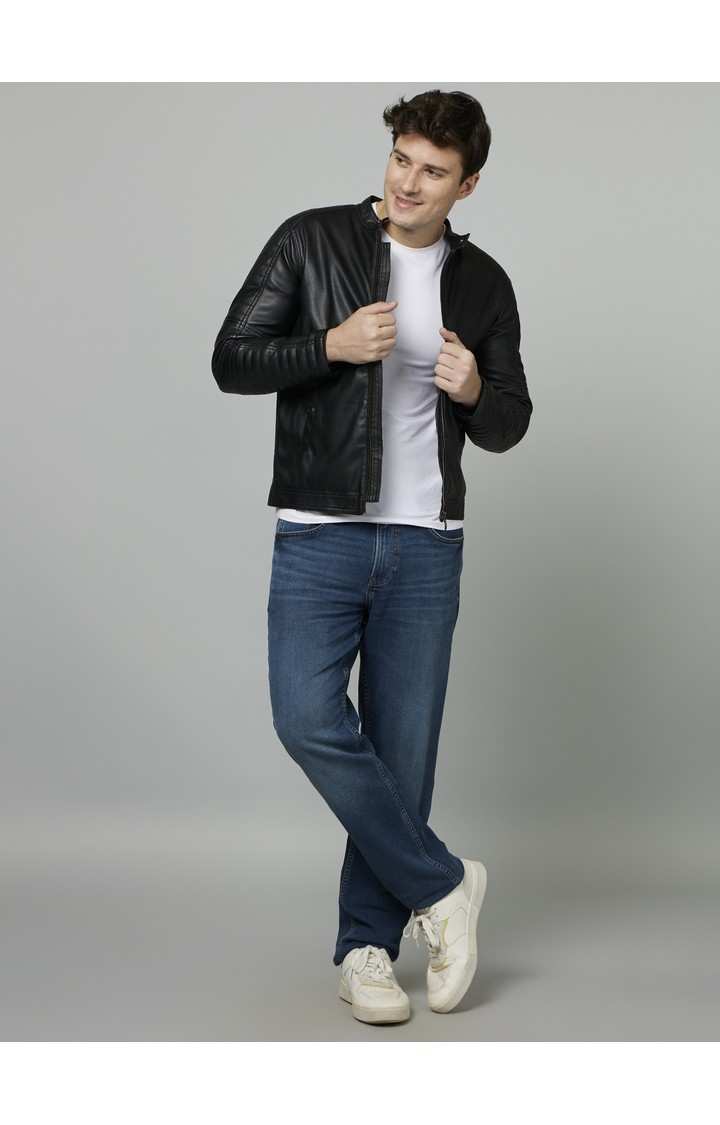 Men's Black Solid Leather Jackets