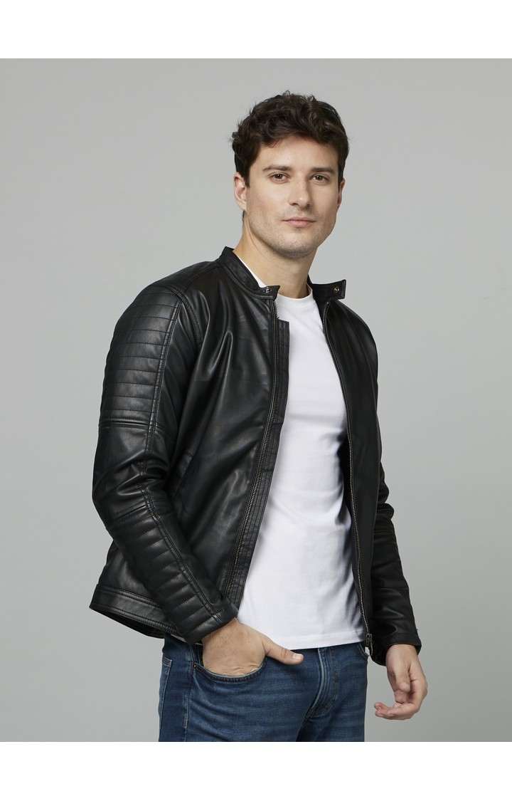 Men's Black Solid Leather Jackets
