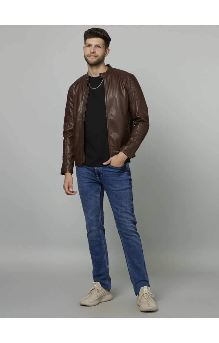Men's Brown Solid Leather Jackets