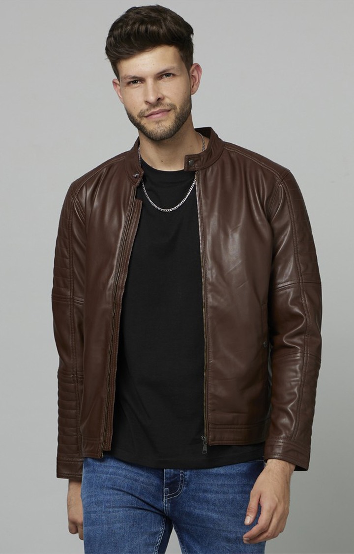 Men's Brown Solid Leather Jackets