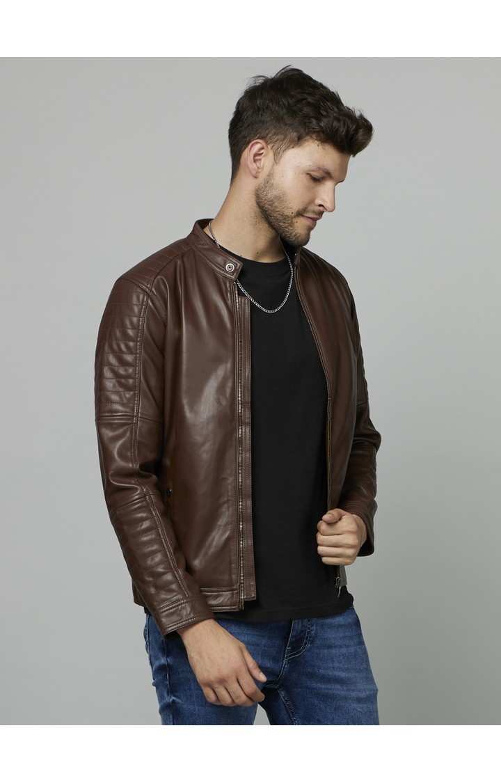 Men's Brown Solid Leather Jackets