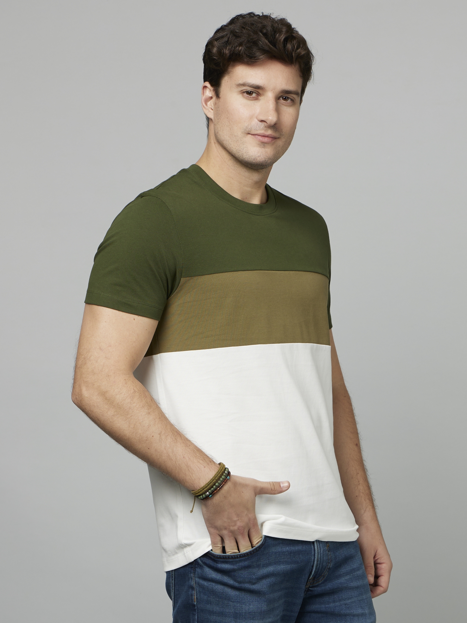 Men's White Colourblock Regular T-Shirts
