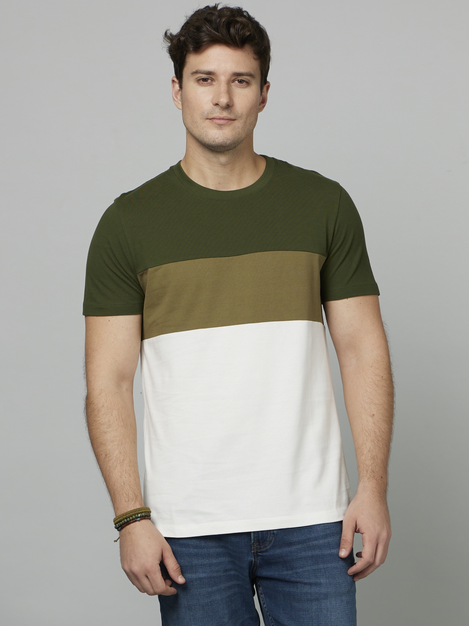 celio | Men's White Colourblock Regular T-Shirts