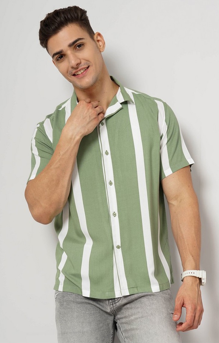 Men's Green Striped Casual Shirts
