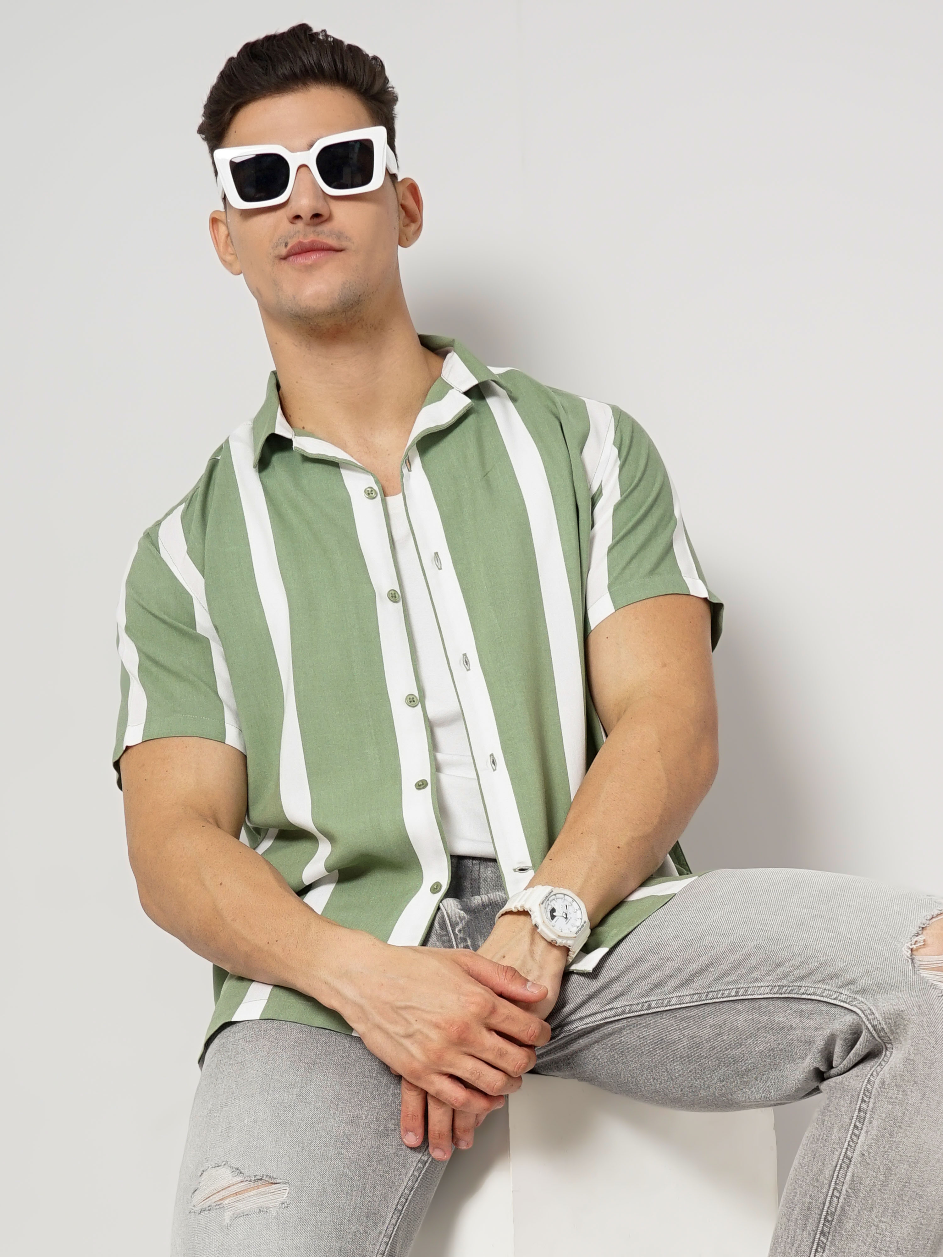 Men's Green Striped Casual Shirts