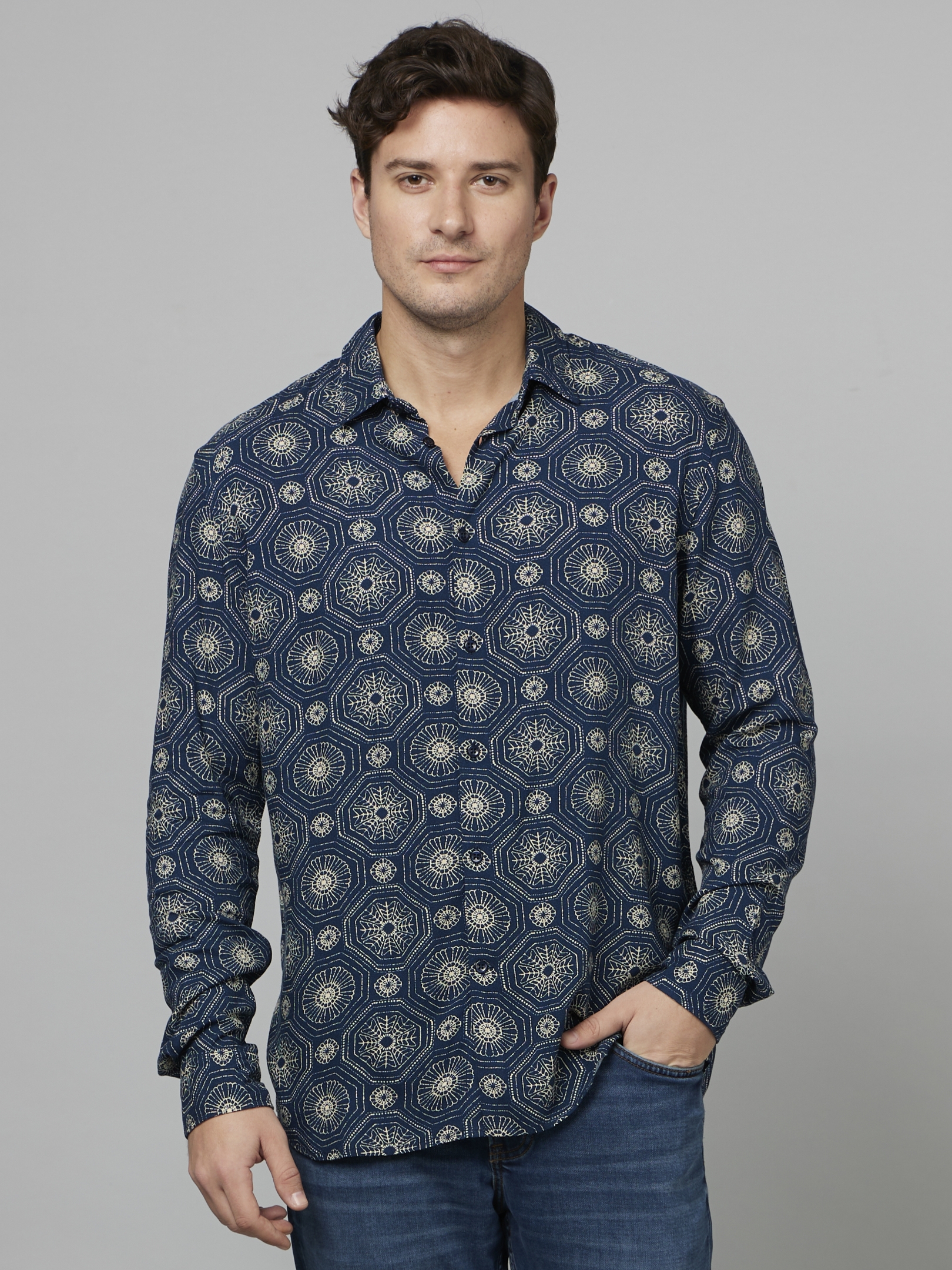 celio | Men's Blue Geometrical Casual Shirts