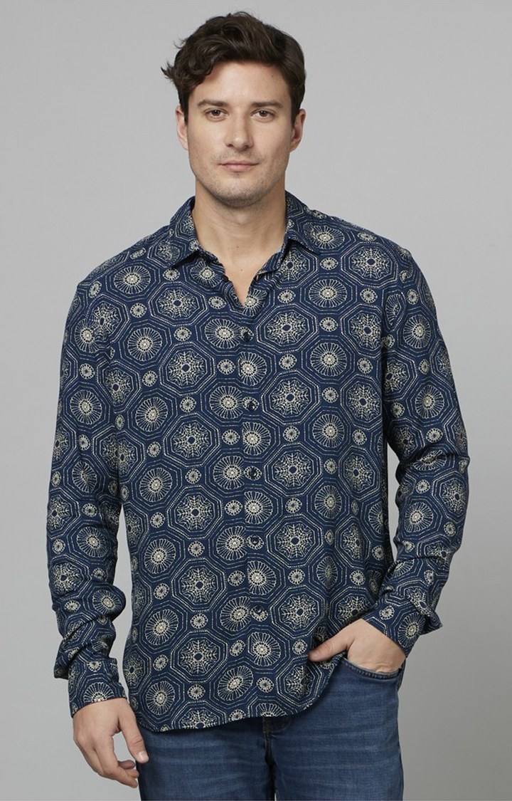 Men's Blue Geometrical Casual Shirts