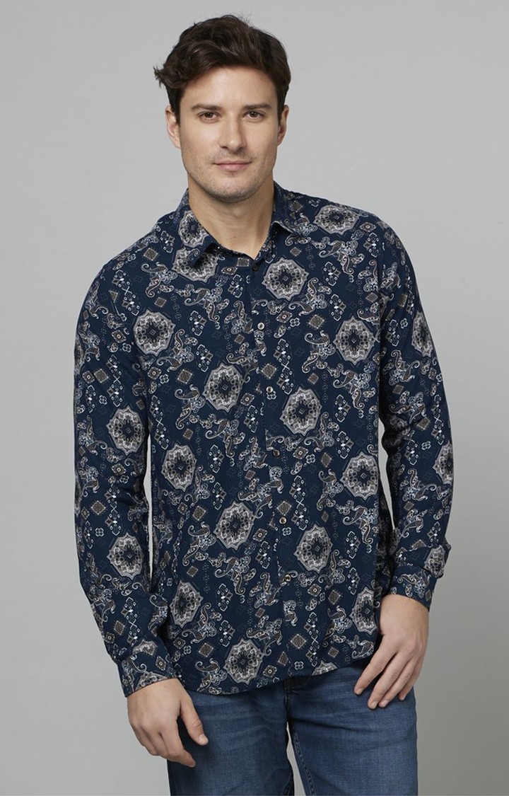 Men's Blue Geometrical Casual Shirts