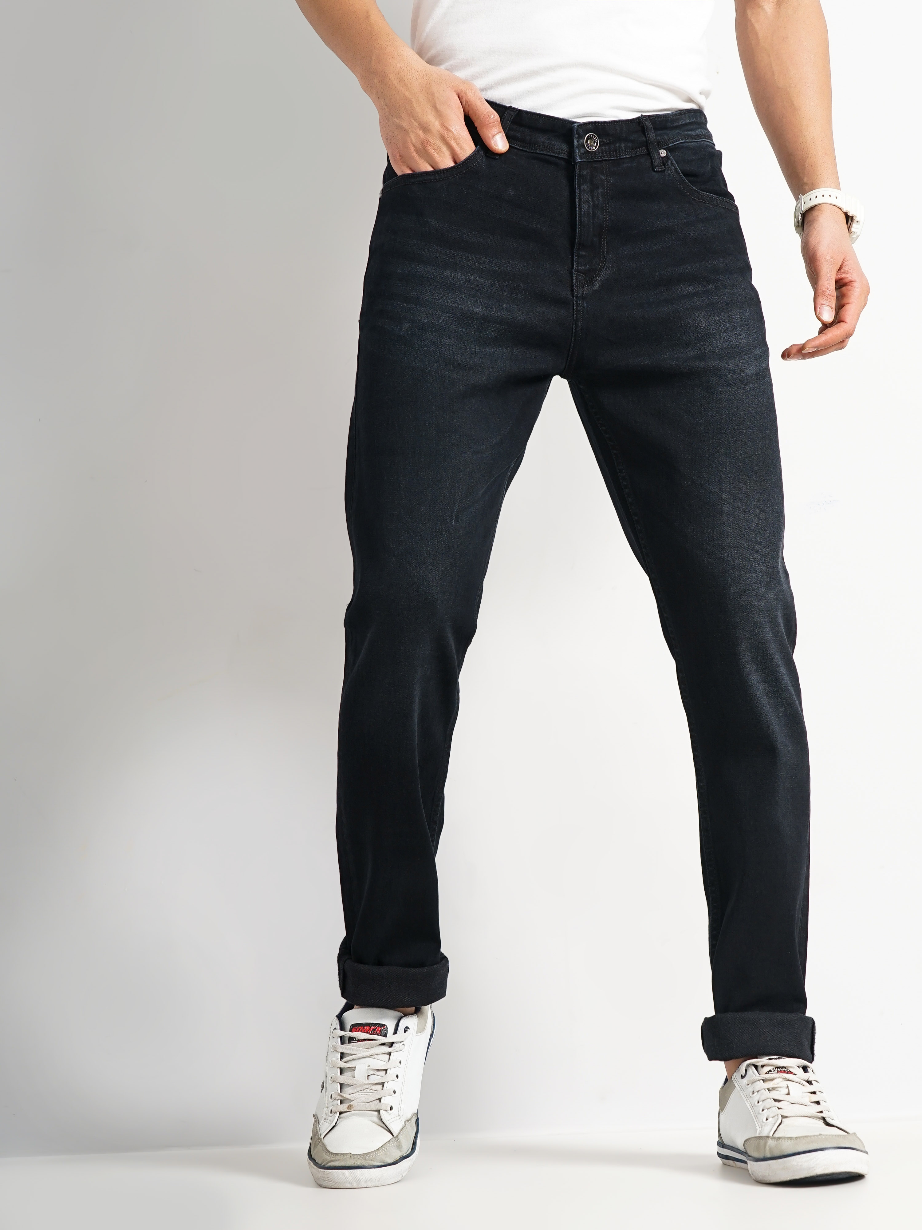Celio Men Black Solid Slim Fit Cotton Dobby Jeans