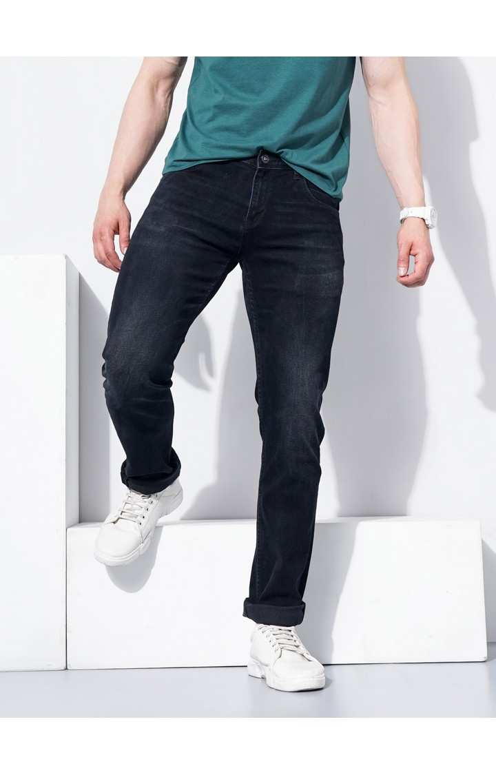 Men's Black Cotton Blend Solid Regular Jeans