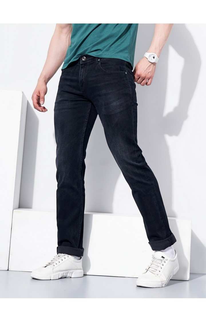 Men's Black Cotton Blend Solid Regular Jeans