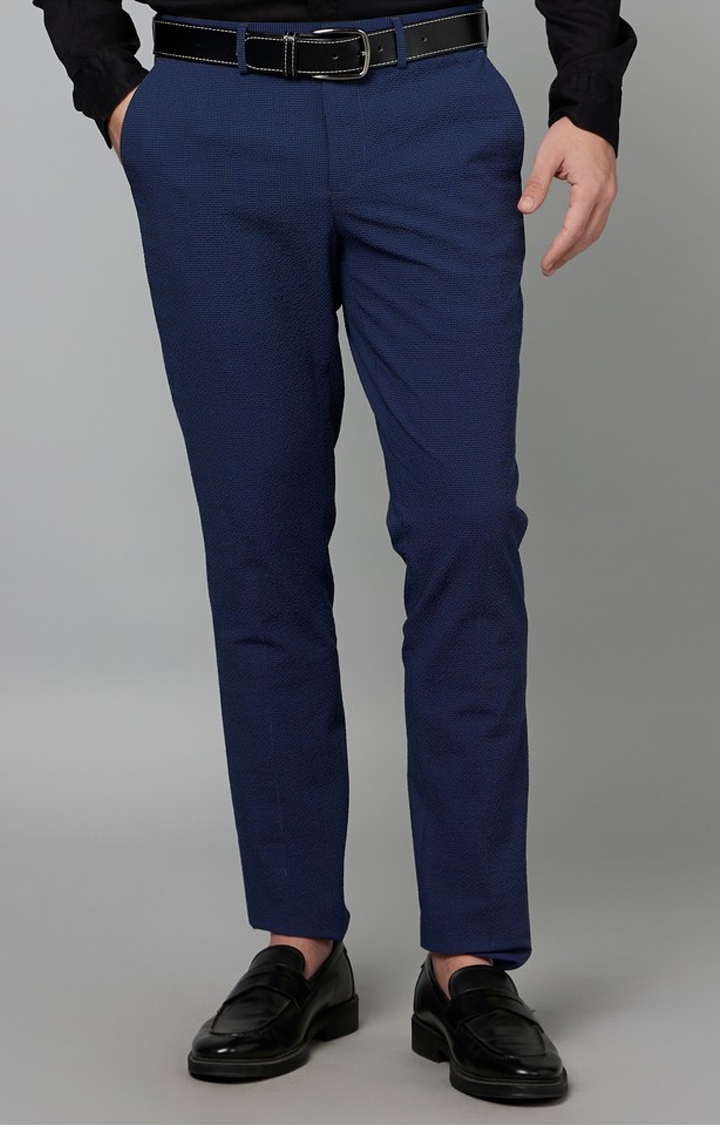 celio | Men's Blue Cotton Blend Solid Trousers