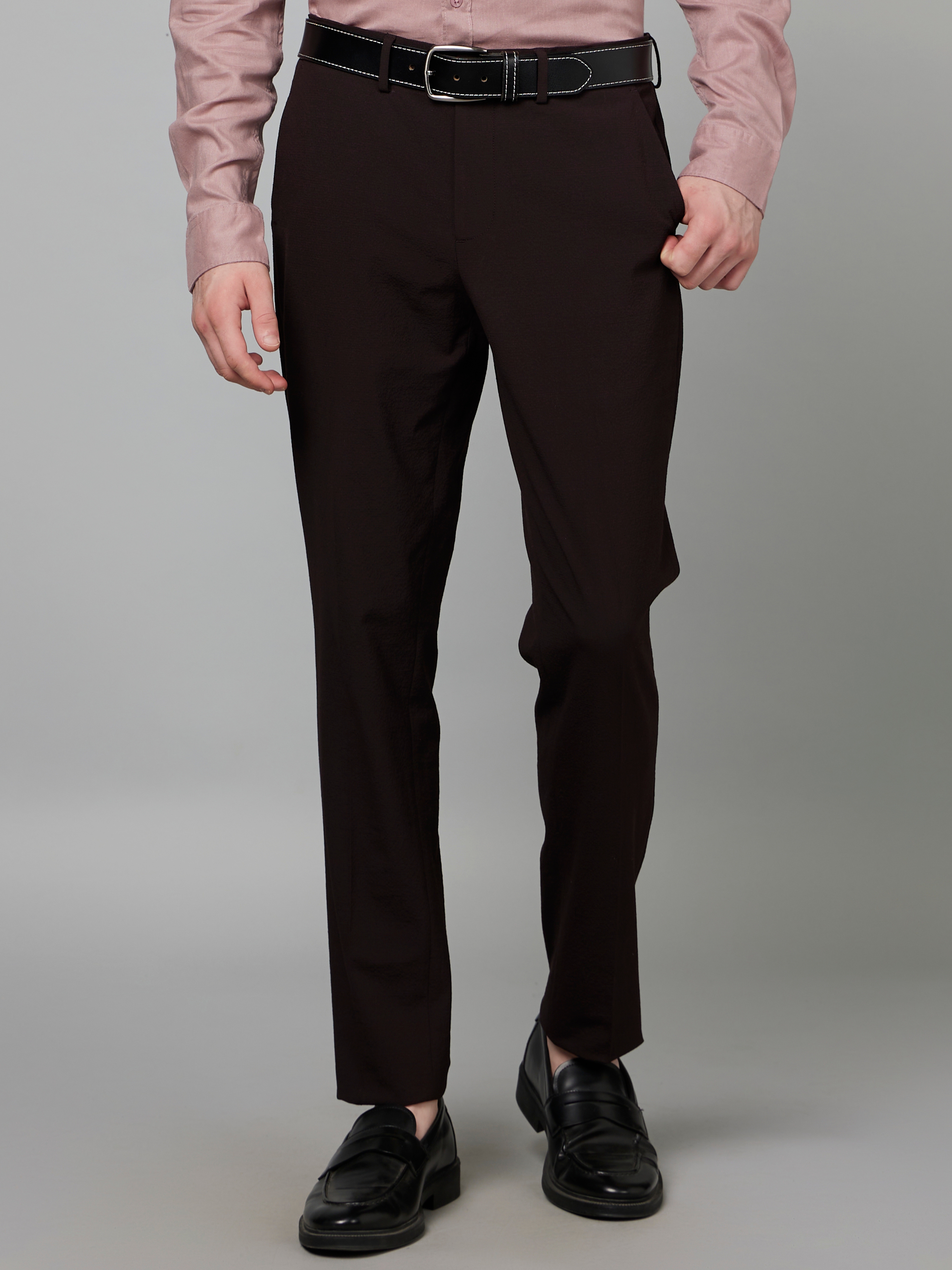 Men's Red Cotton Blend Solid Trousers