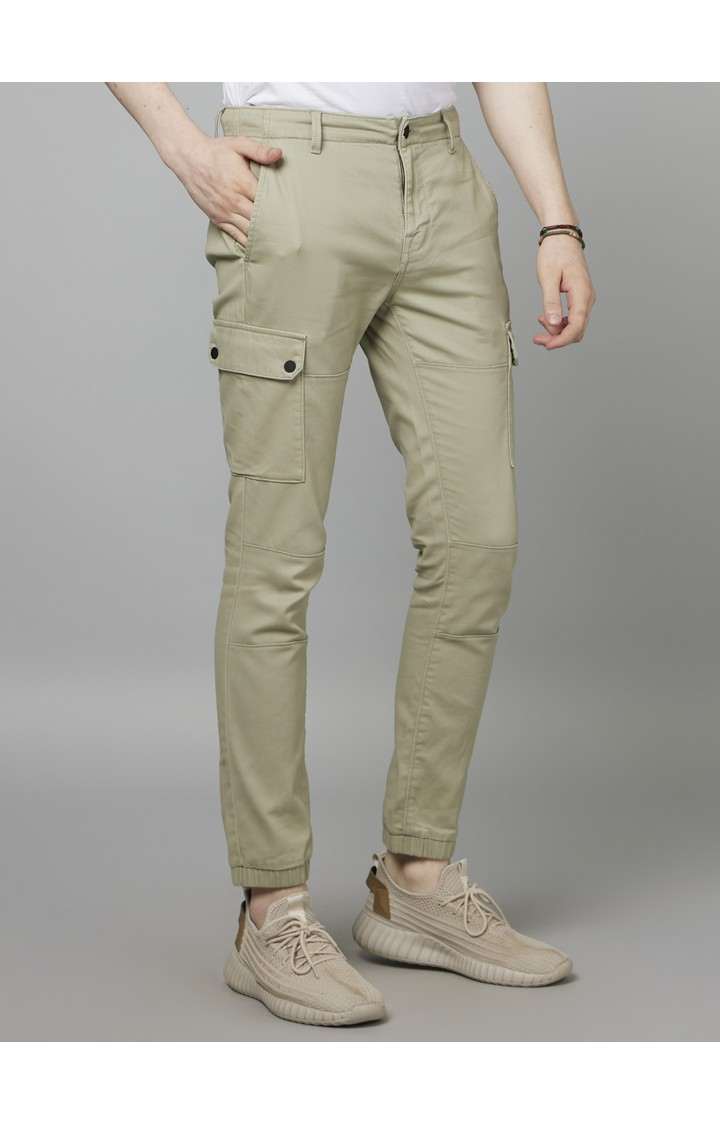 Men's Green Cotton Blend Solid Trousers