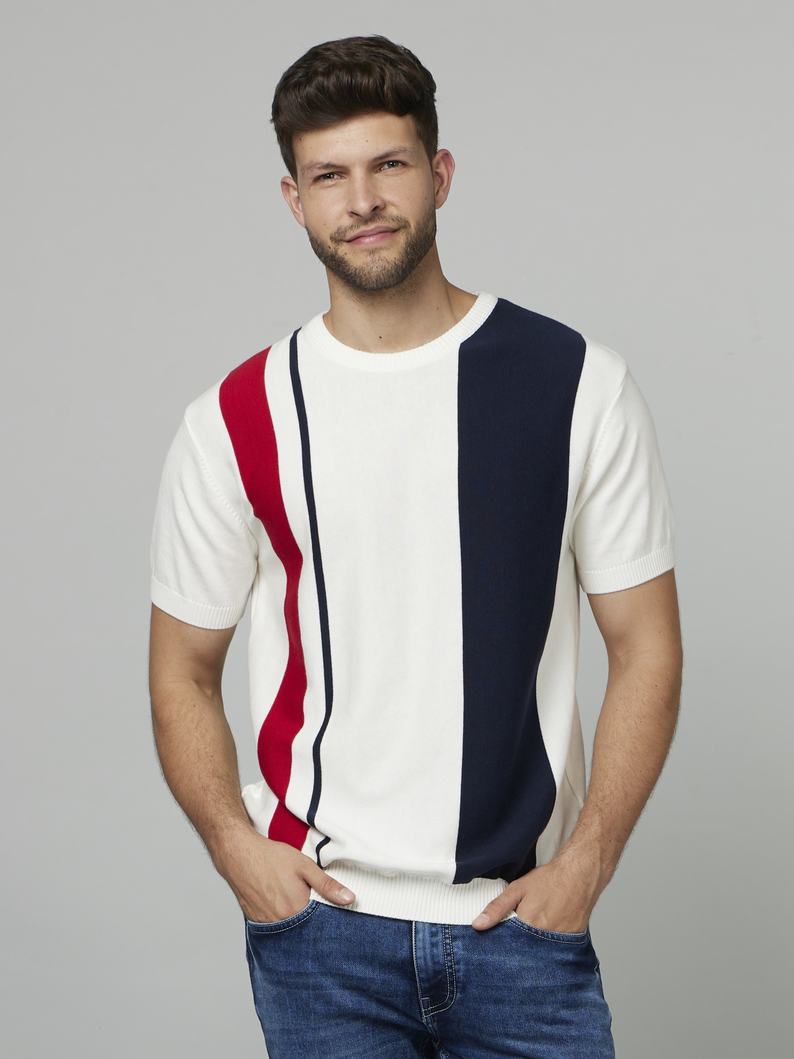 celio | Men's White Colourblock Regular T-Shirts