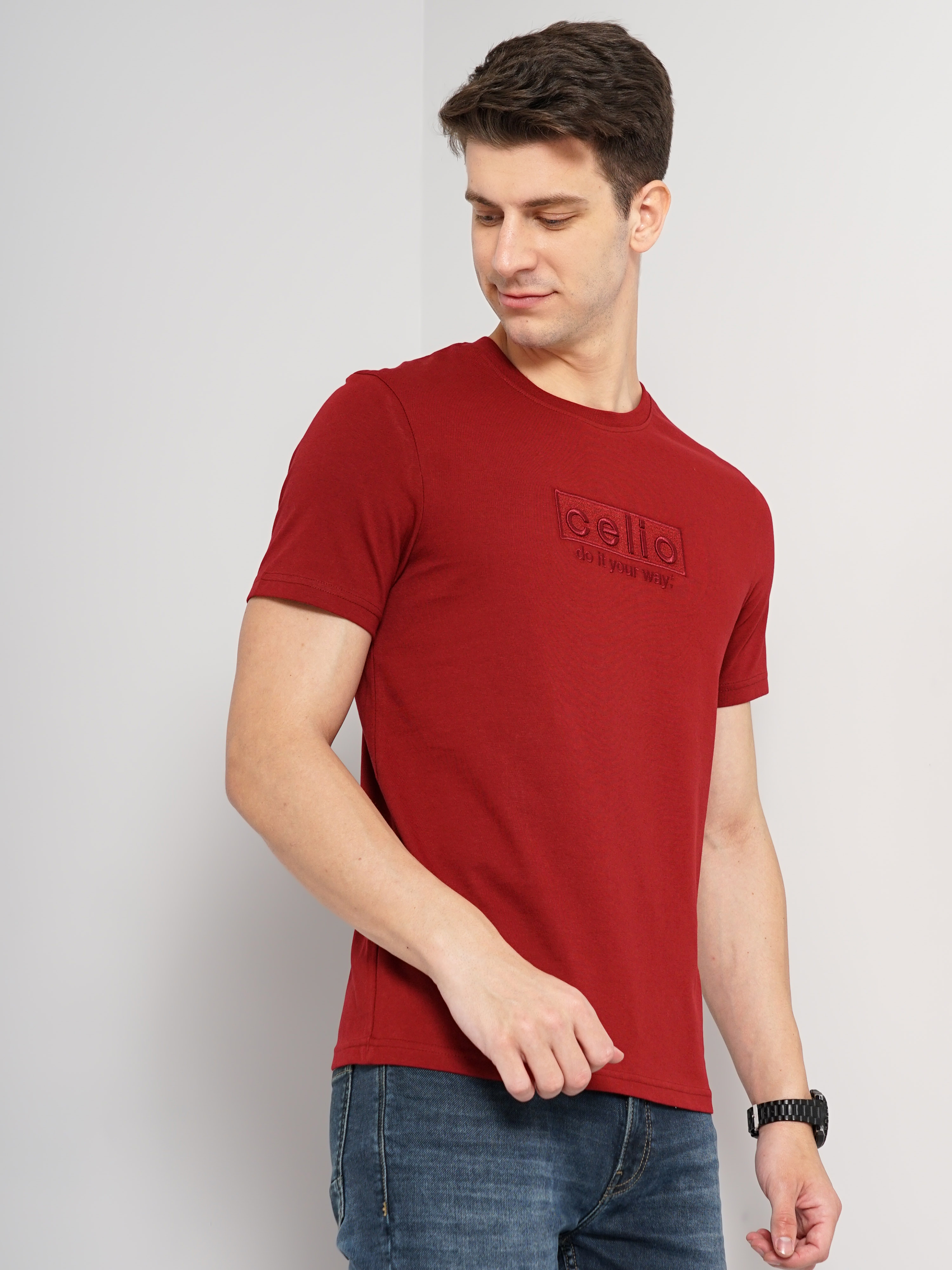 Men's Red Knitted Regular T-Shirts