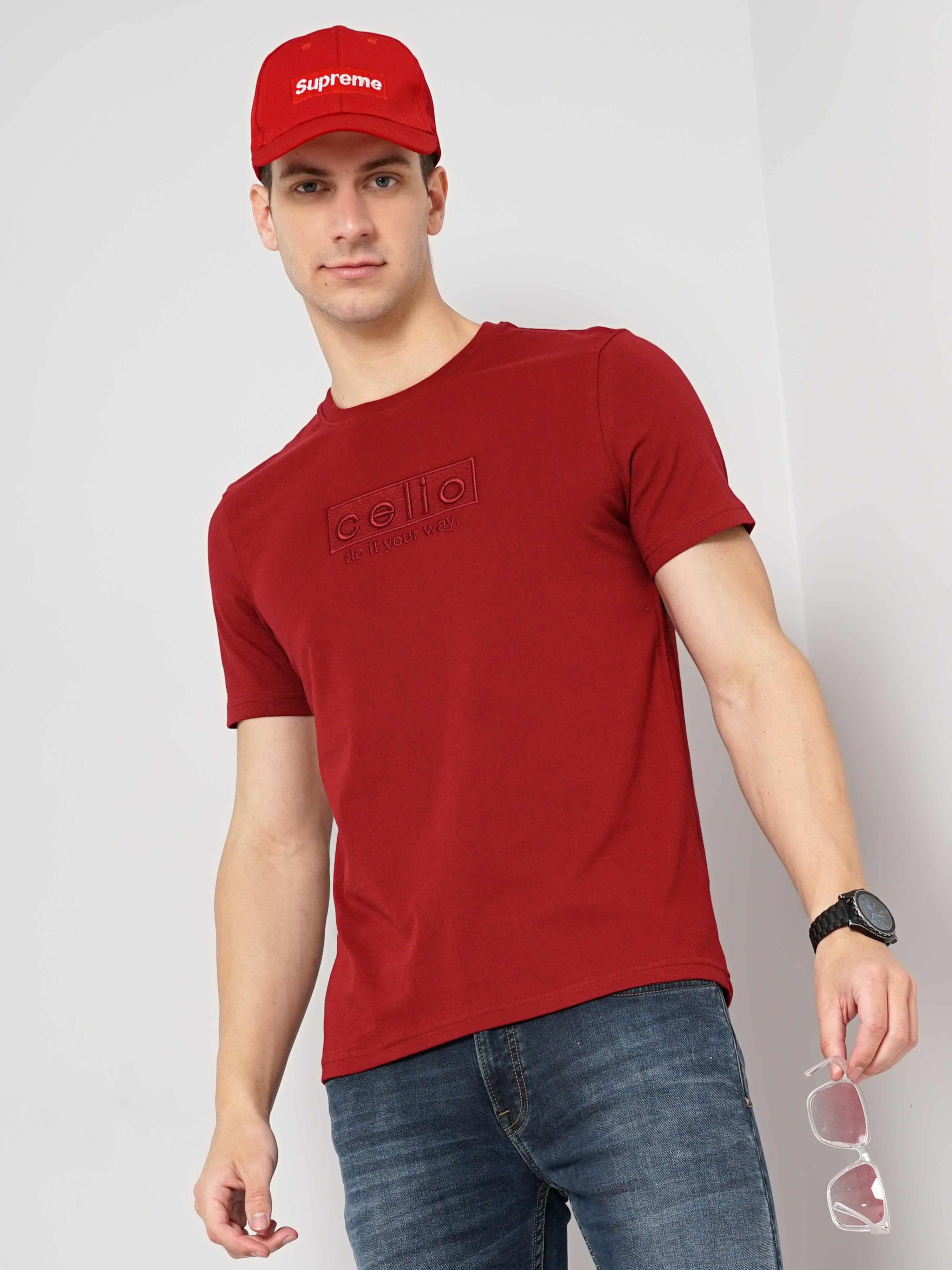 Men's Red Knitted Regular T-Shirts