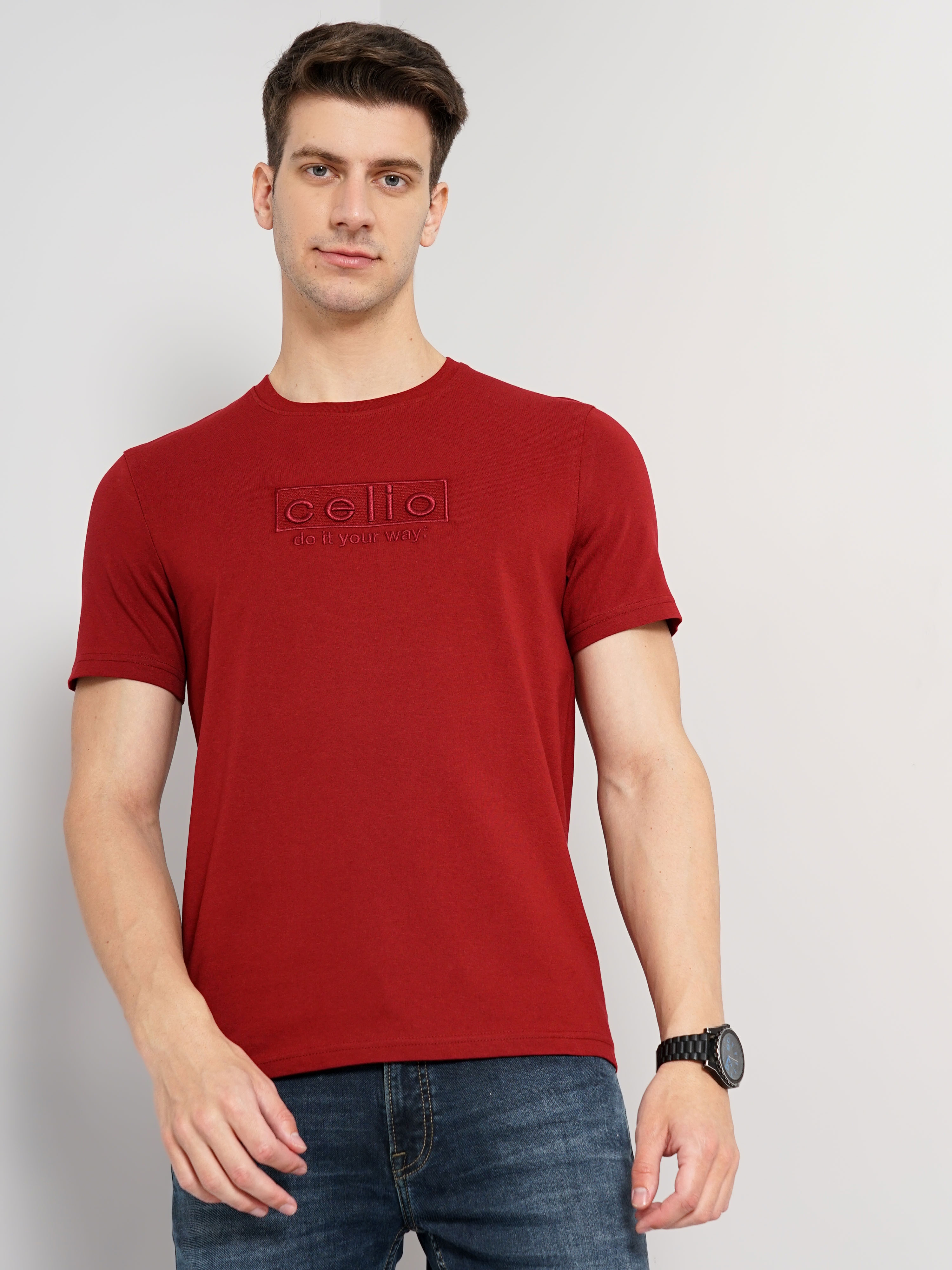 celio | Men's Red Knitted Regular T-Shirts