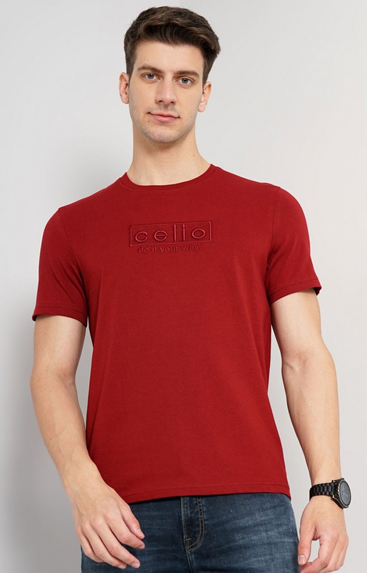 celio | Men's Red Knitted Regular T-Shirts