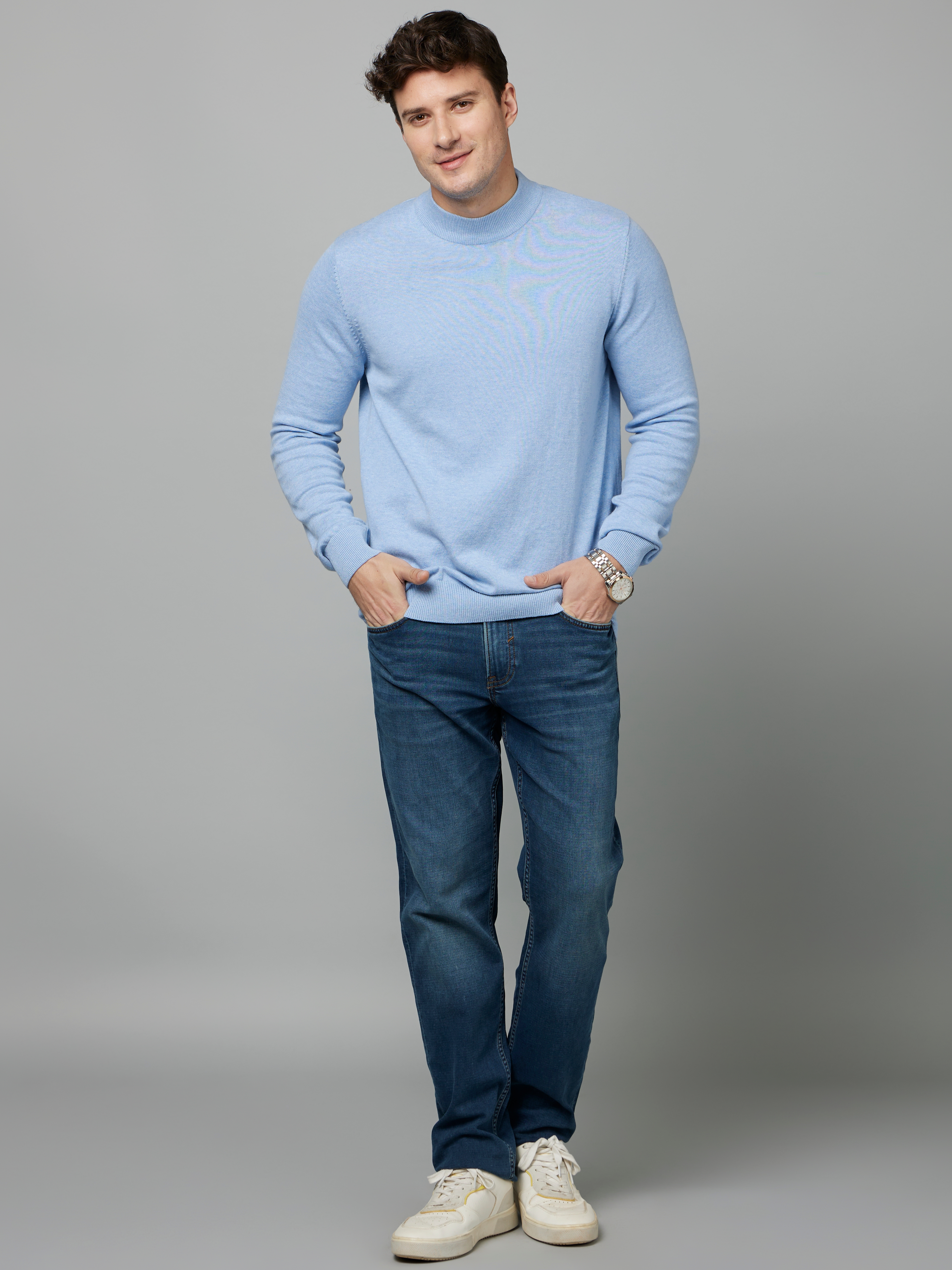 Men's Blue Solid Sweaters