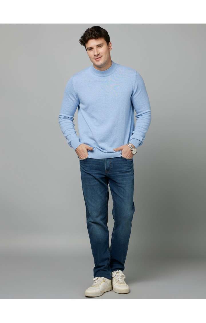 Men's Blue Solid Sweaters