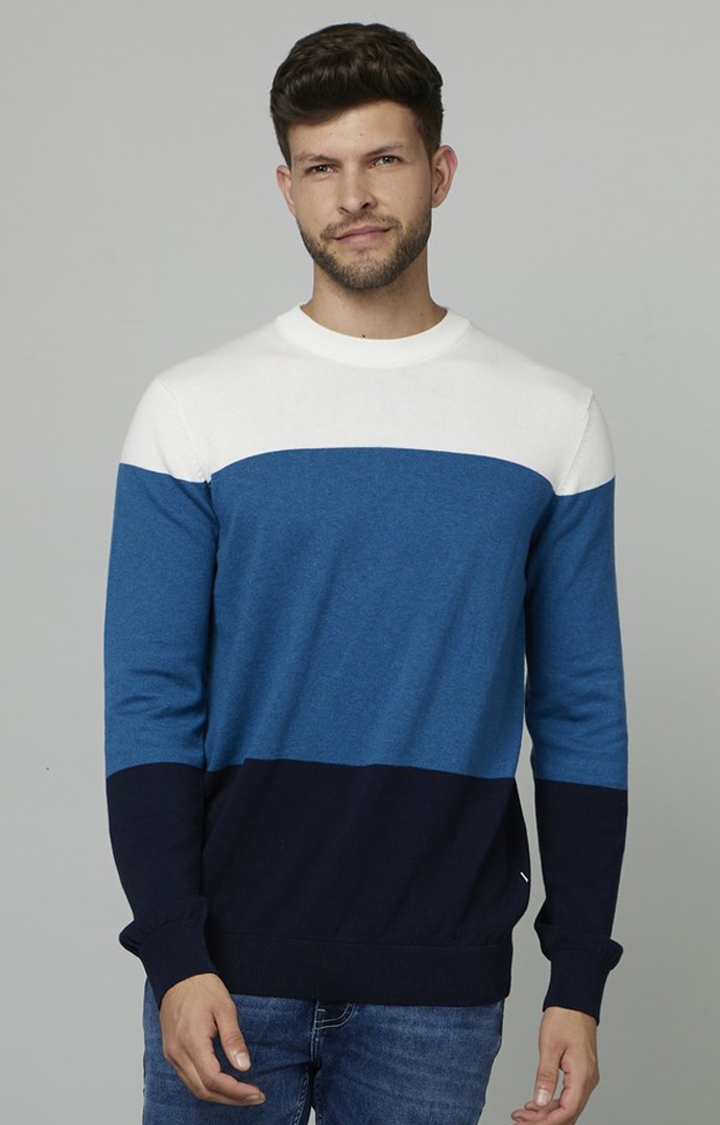 celio | Men's Blue Colourblock Sweaters