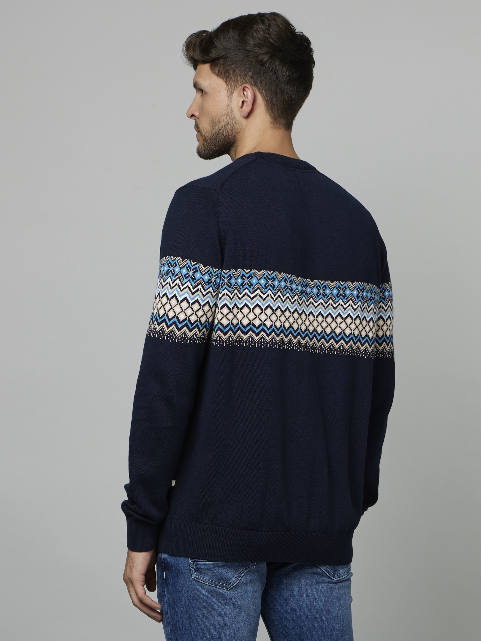 Men's Blue Geometrical Sweaters