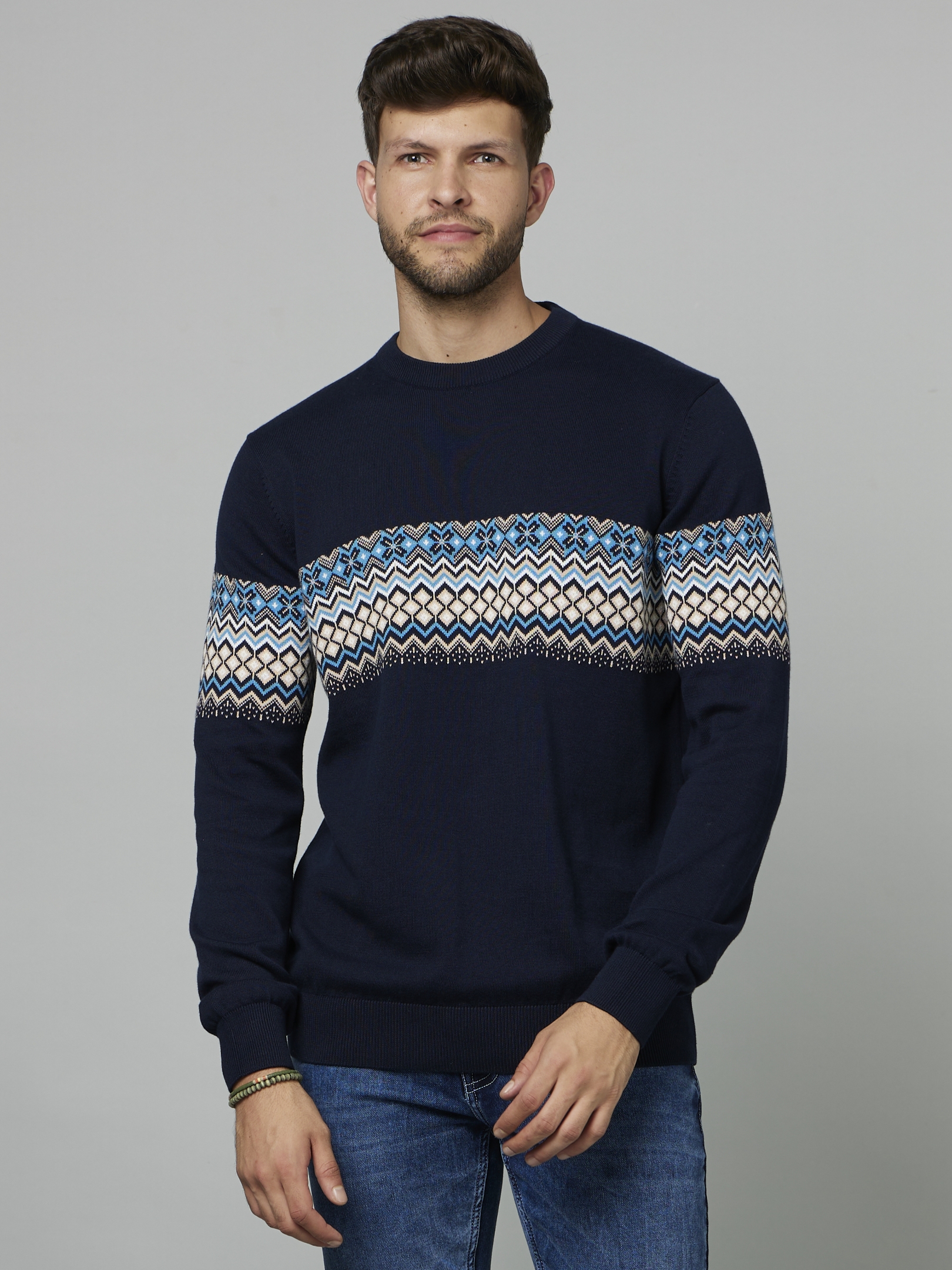 Men's Blue Geometrical Sweaters