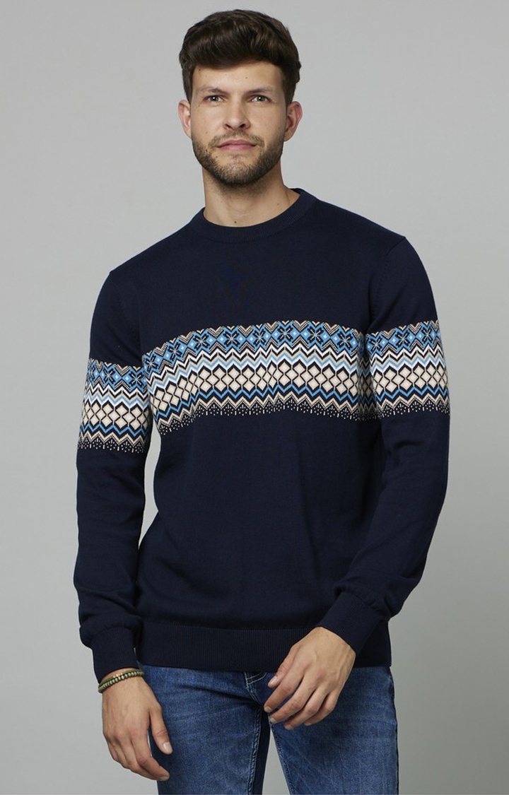 celio | Men's Blue Geometrical Sweaters