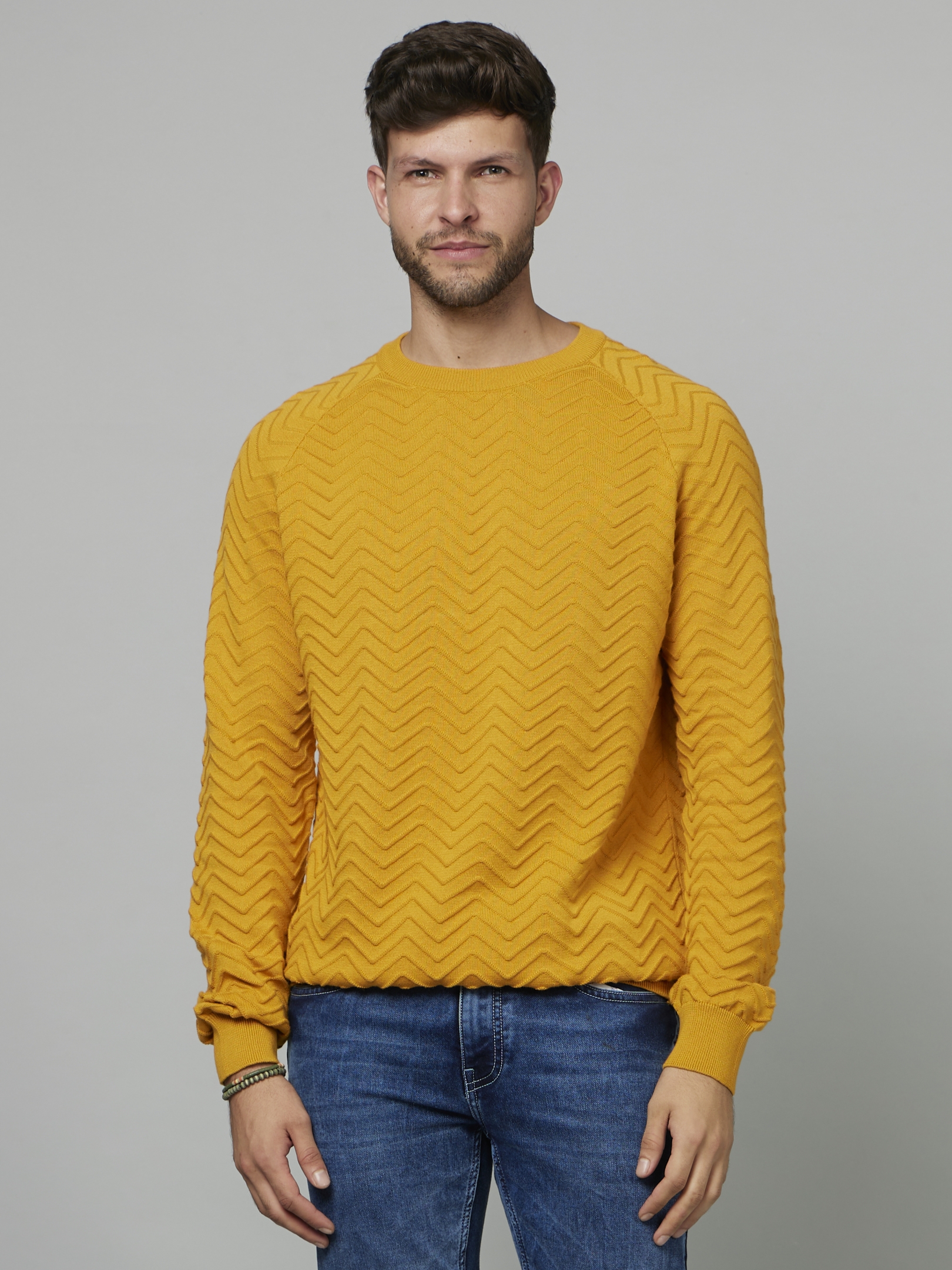 celio | Men's Yellow Textured Sweaters