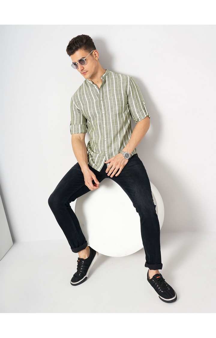 Men's Green Striped Casual Shirts
