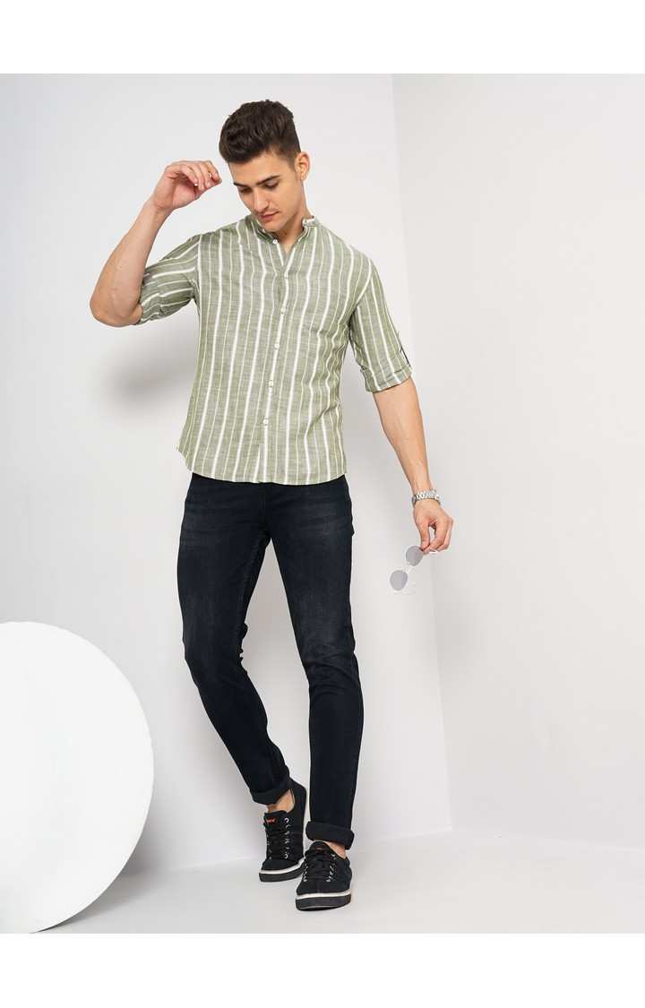 Men's Green Striped Casual Shirts