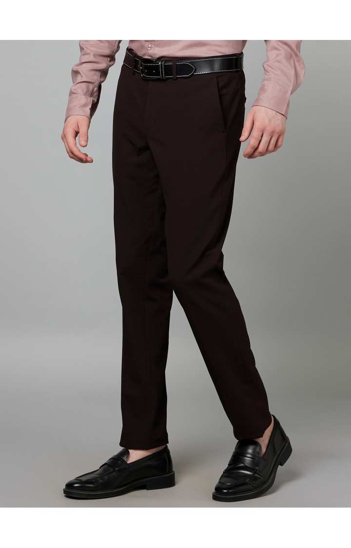 Men's Red Cotton Blend Solid Trousers