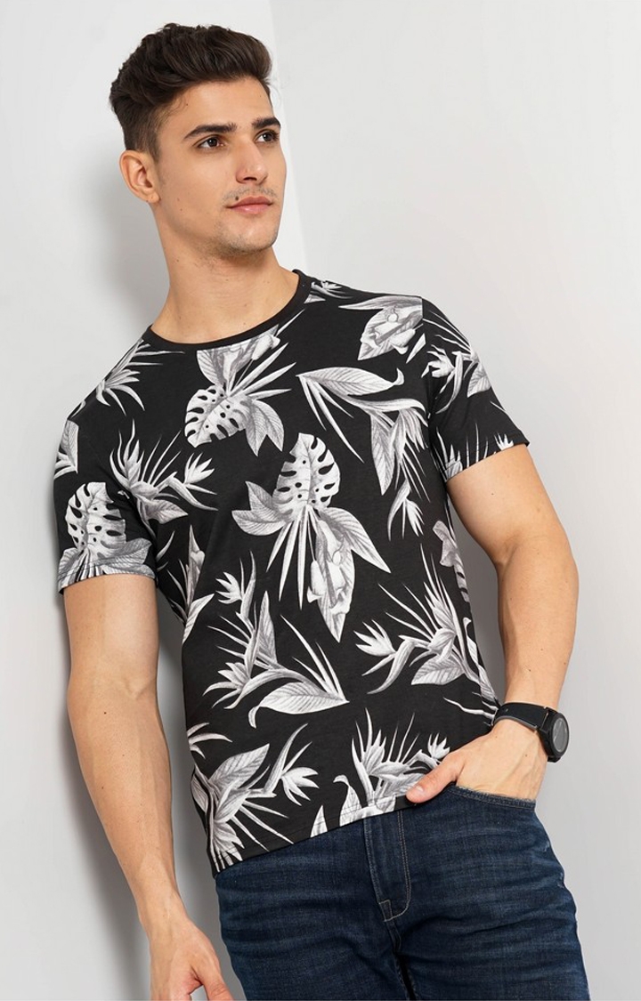 celio | Men's Black Floral Regular T-Shirts