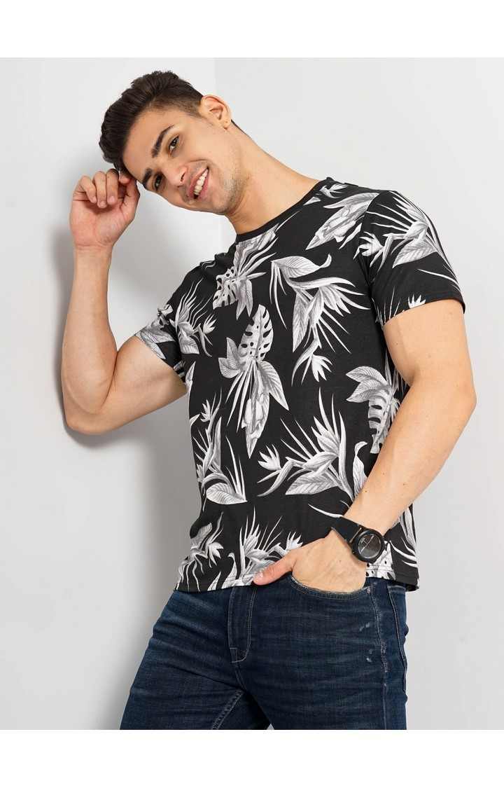 Men's Black Floral Regular T-Shirts
